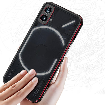 Protective phone case with lens cover, black with red trim, held in hand with camera cutouts