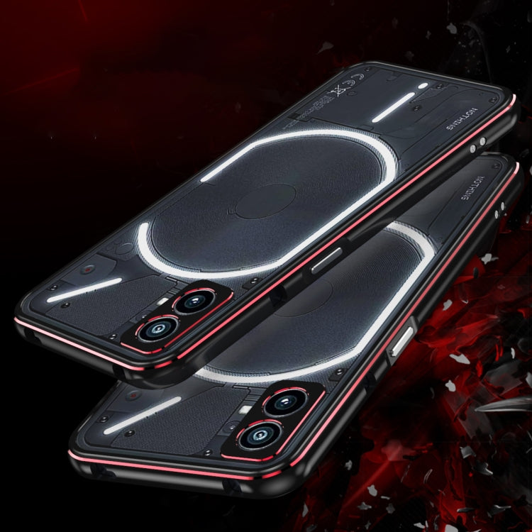 Protective phone case with lens cover, black with red trim, back with glowing lens plate detail