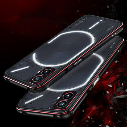 Protective phone case with lens cover, black with red trim, back with glowing lens plate detail