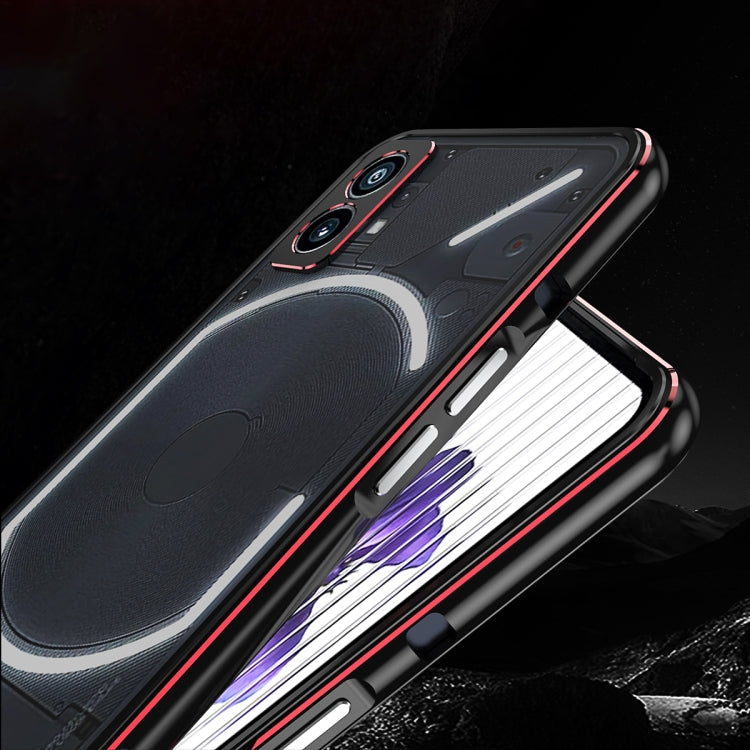 Protective phone case with lens cover, black with red trim, close side view with button cutouts