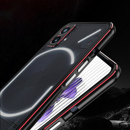 Protective phone case with lens cover, black with red trim, close side view with button cutouts