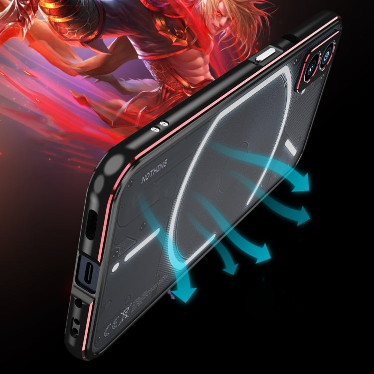 Protective phone case with lens cover, black with red trim, angled view showing rear camera area
