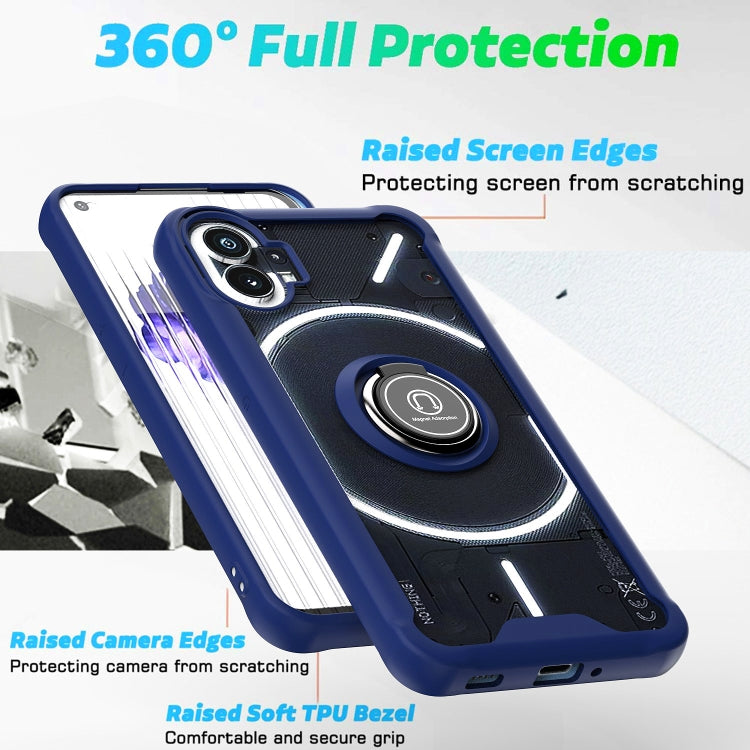 Blue phone case with ring holder and raised camera and screen edges