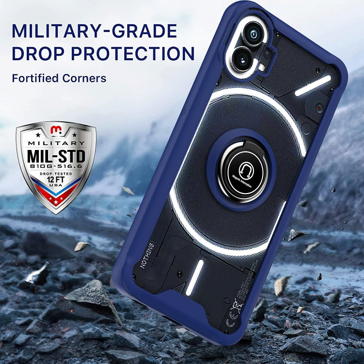Blue rugged phone case with ring holder and reinforced corners