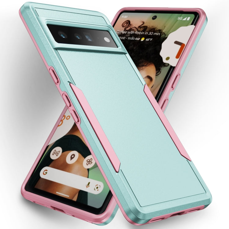 Heavy-duty phone case for Pixel 7 Pro, teal back with pink bumper corners