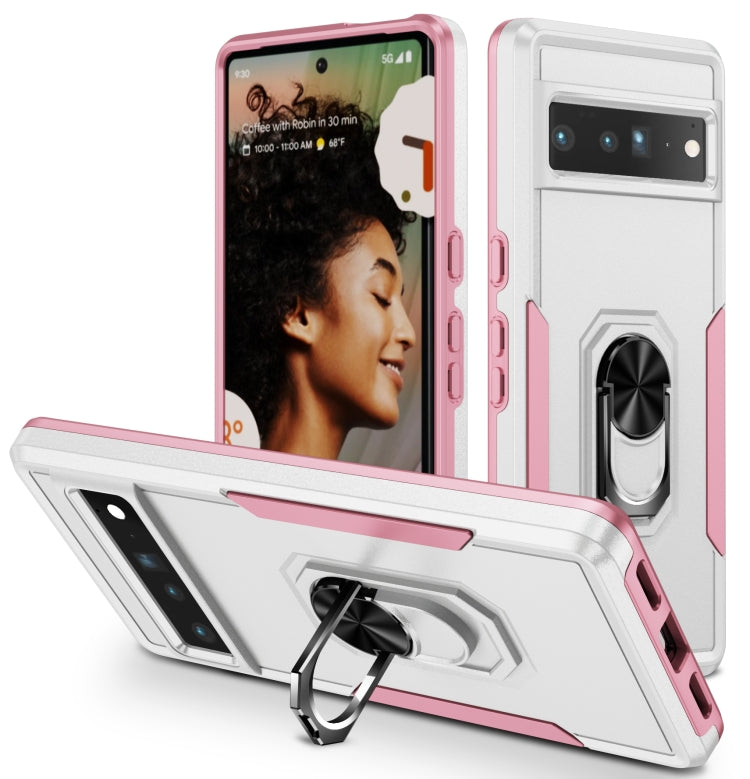 Rugged phone case with ring kickstand for Pixel 7 Pro, pink and white, shockproof design