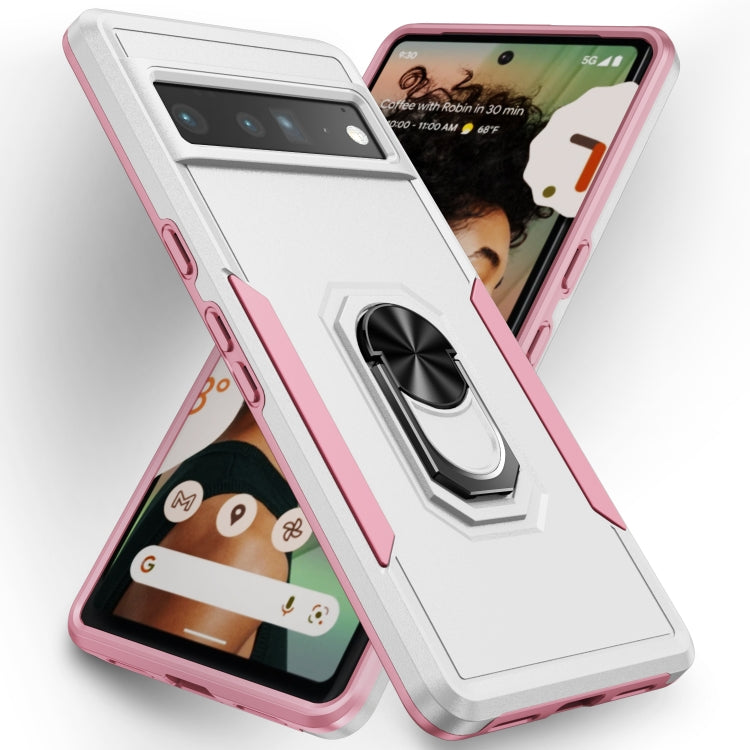 Heavy duty Pixel 7 Pro case with ring stand, pink-and-white armor and raised camera cover