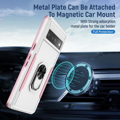Rugged phone case with ring kickstand plus magnetic car mount, pink and white for Pixel 7 Pro