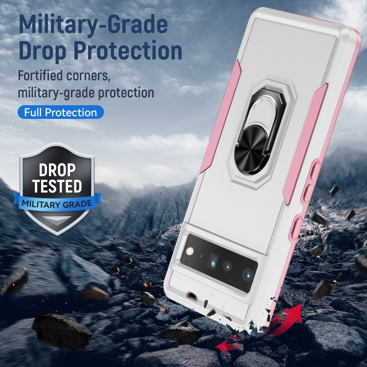 Armor phone case for Pixel 7 Pro with ring stand, pink trim on white rugged back