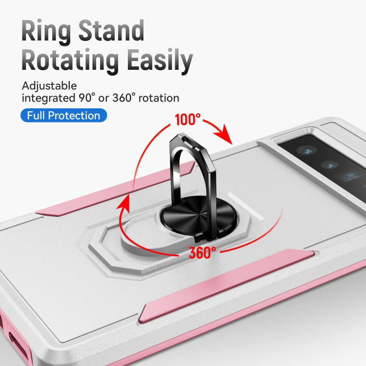 Pixel 7 Pro phone case showing rotating ring kickstand, pink-and-white rugged shell