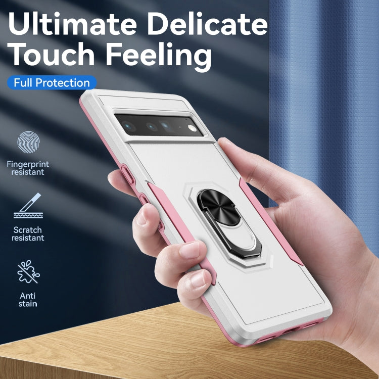 Hand holding Pixel 7 Pro case with ring stand, white base and pink protective edges
