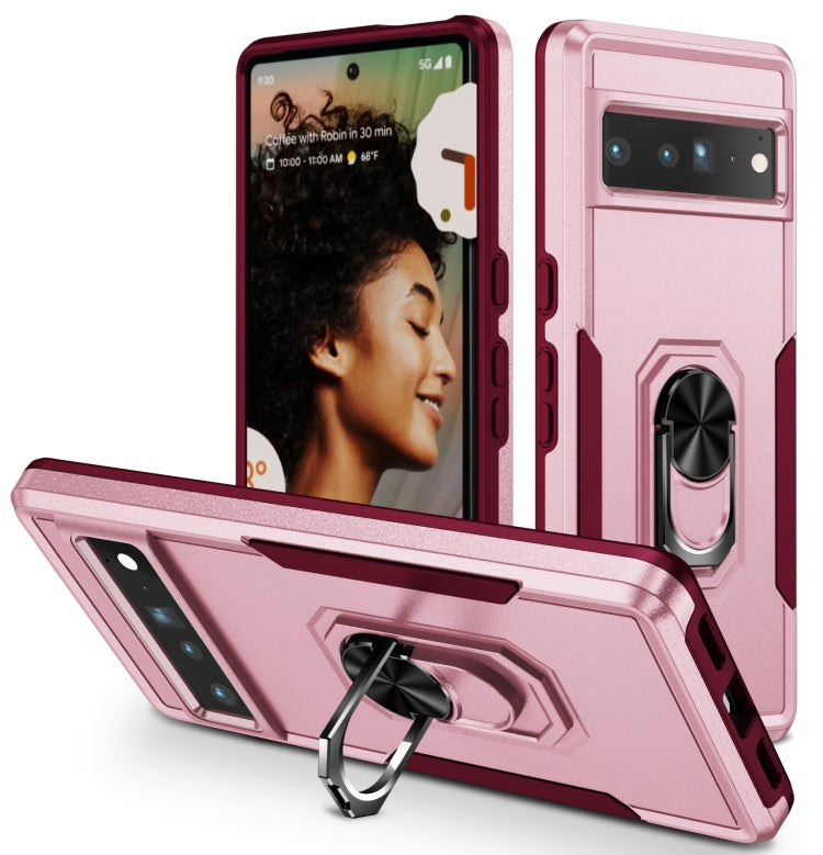 Shockproof Pixel 7 Pro phone case with ring kickstand, rose pink and white armored finish