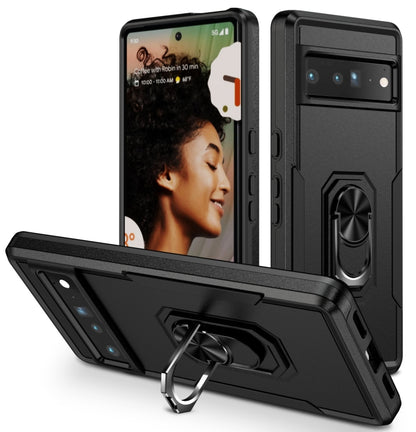 Heavy duty Pixel 7 Pro phone case with ring kickstand, black rugged armor and camera bezel