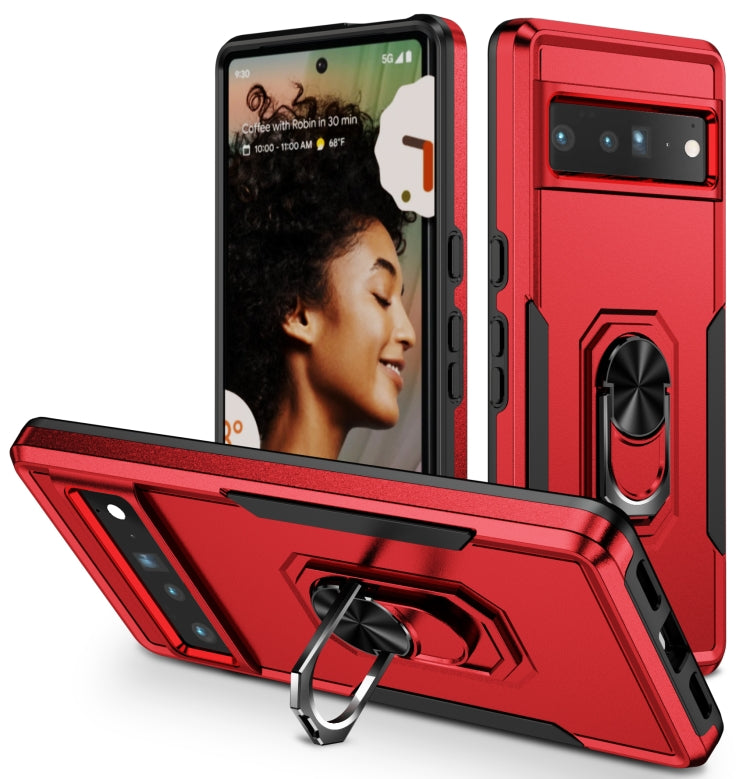 Rugged Pixel 7 Pro case with ring kickstand, red and black armor, raised camera protection
