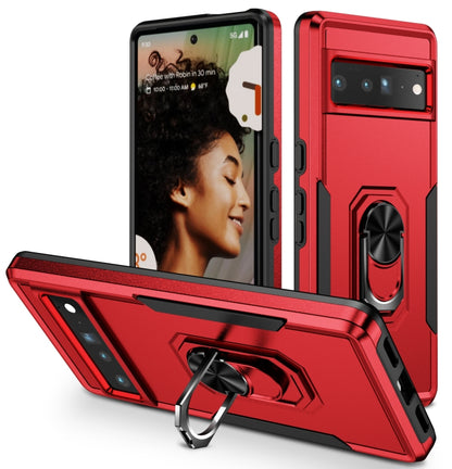Rugged Pixel 7 Pro case with ring kickstand, red and black armor, raised camera protection