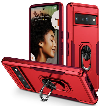 Red rugged Pixel 7 Pro phone case with ring kickstand, shockproof bumper with camera cover
