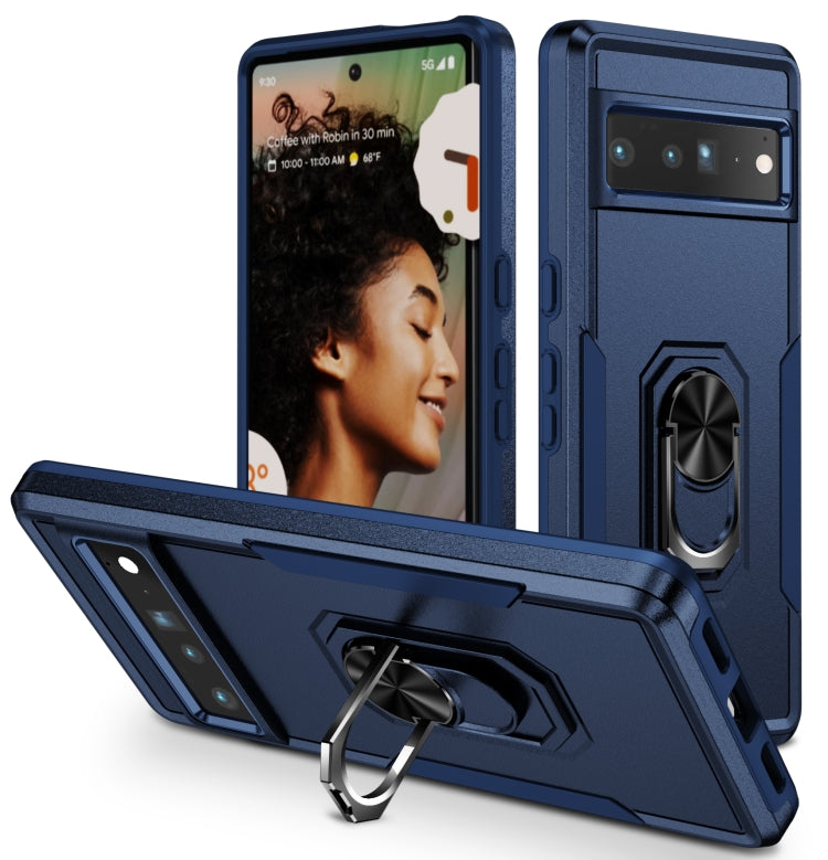 Shockproof phone case for Pixel 7 Pro with ring kickstand, dark blue rugged armor