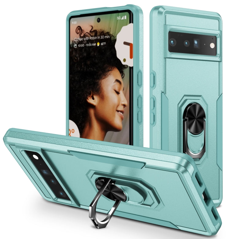 Shockproof phone case for Pixel 7 Pro with ring kickstand, teal rugged armor
