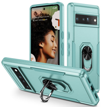 Shockproof phone case for Pixel 7 Pro with ring kickstand, teal rugged armor
