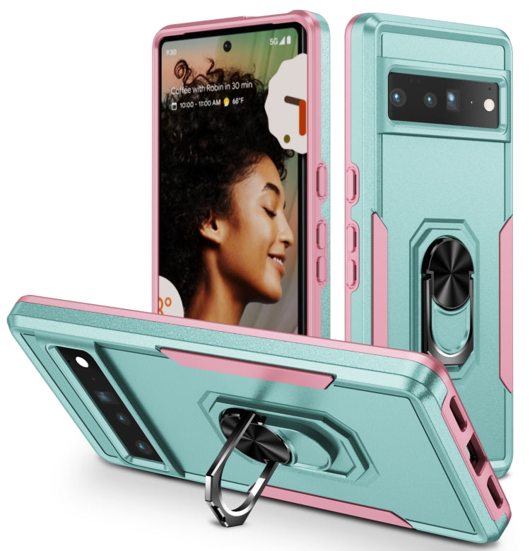 Shockproof phone case for Pixel 7 Pro with ring kickstand, pink and teal rugged armor
