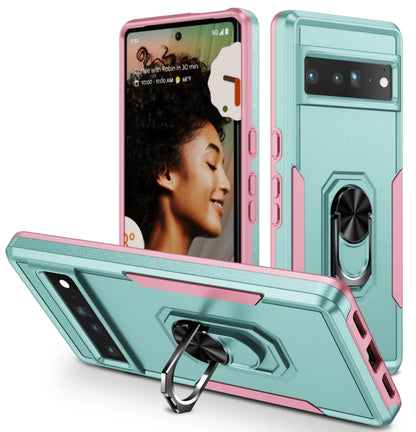 Shockproof phone case for Pixel 7 Pro with ring kickstand, pink and teal rugged armor