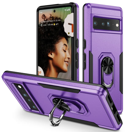 Shockproof phone case for Pixel 7 Pro with ring kickstand, purple rugged armor