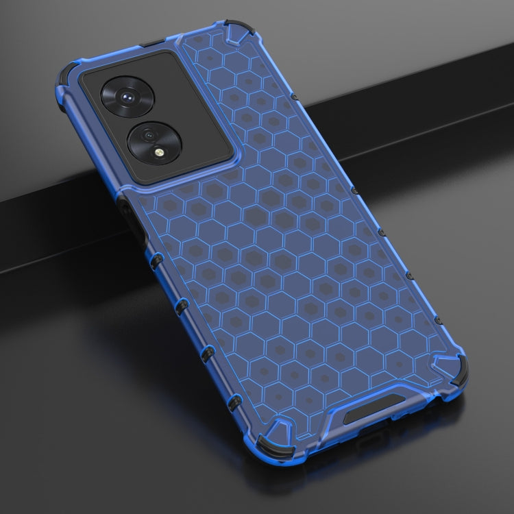 Shockproof phone case with honeycomb hex design, blue, angled view.