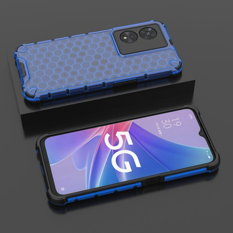Shockproof phone case with honeycomb pattern, blue; back and front views shown.