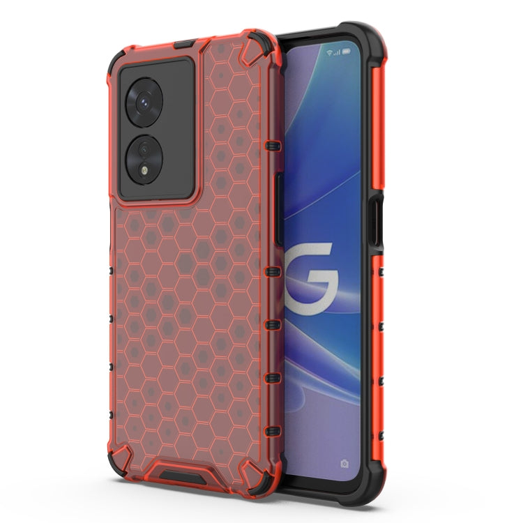 Shockproof phone case with honeycomb pattern, red with black camera cover.