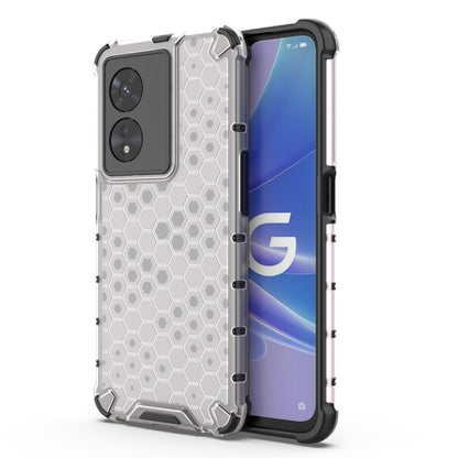Shockproof phone case with honeycomb pattern, white/gray with rugged corners.