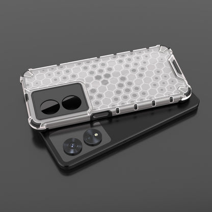 Shockproof honeycomb phone case in clear with hex pattern, side buttons and camera openings