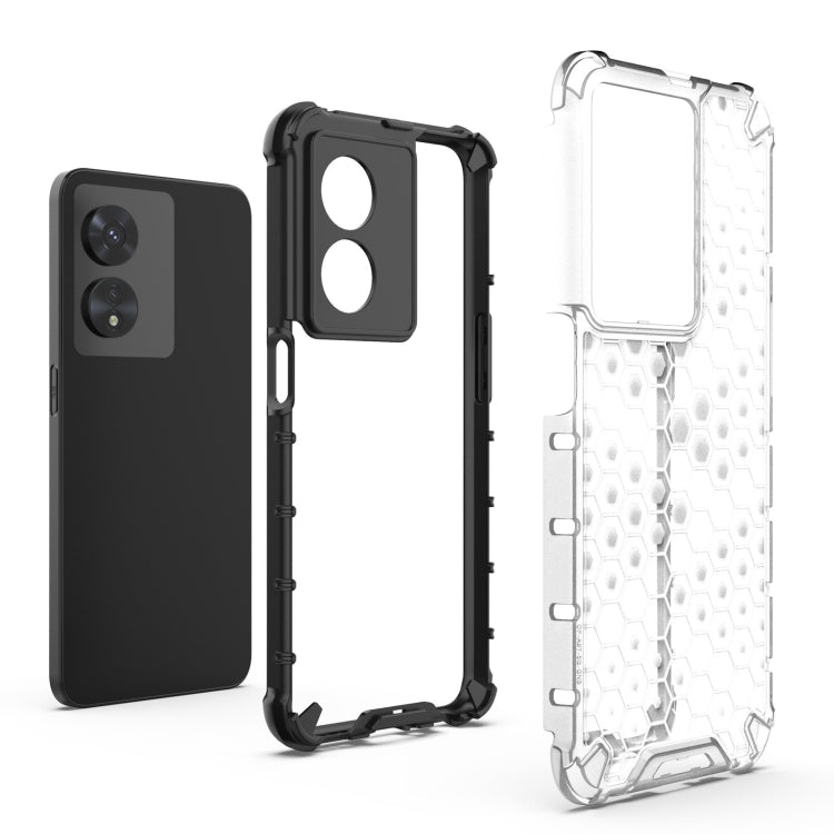 Shockproof honeycomb phone case set with black back, clear front, and protective corners