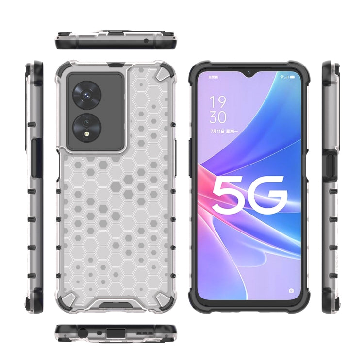 Shockproof honeycomb phone case in clear with hex pattern, shown on a smartphone