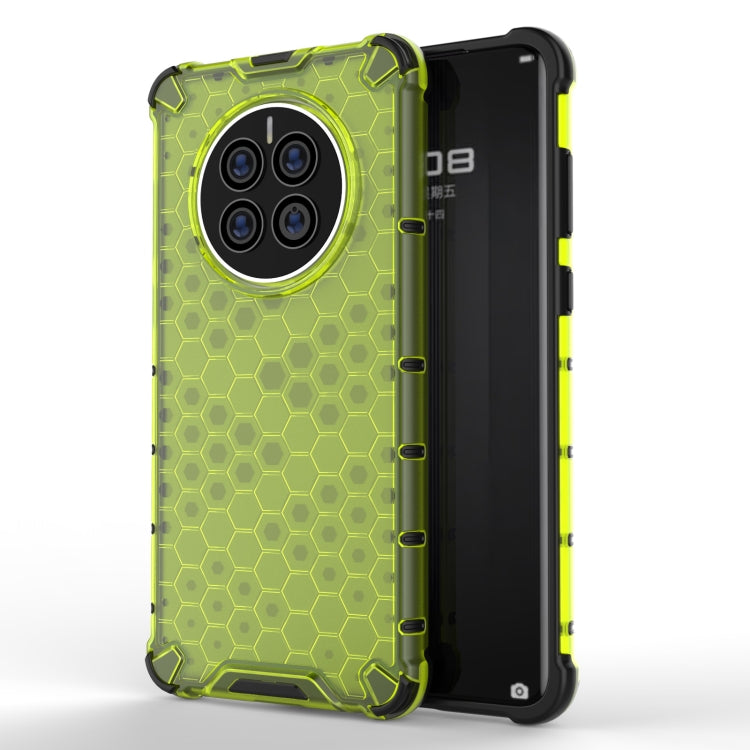 Shockproof phone case with honeycomb pattern, lime green; four-camera back cutout.