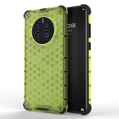 Shockproof phone case with honeycomb pattern, lime green; four-camera back cutout.