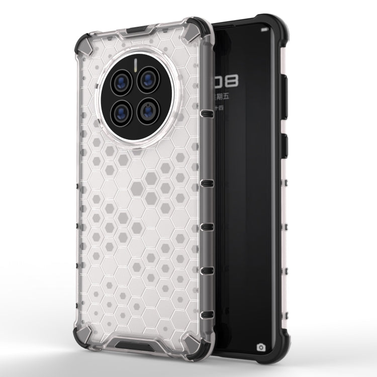 Shockproof phone case with honeycomb pattern, white/gray; four-camera back cutout.