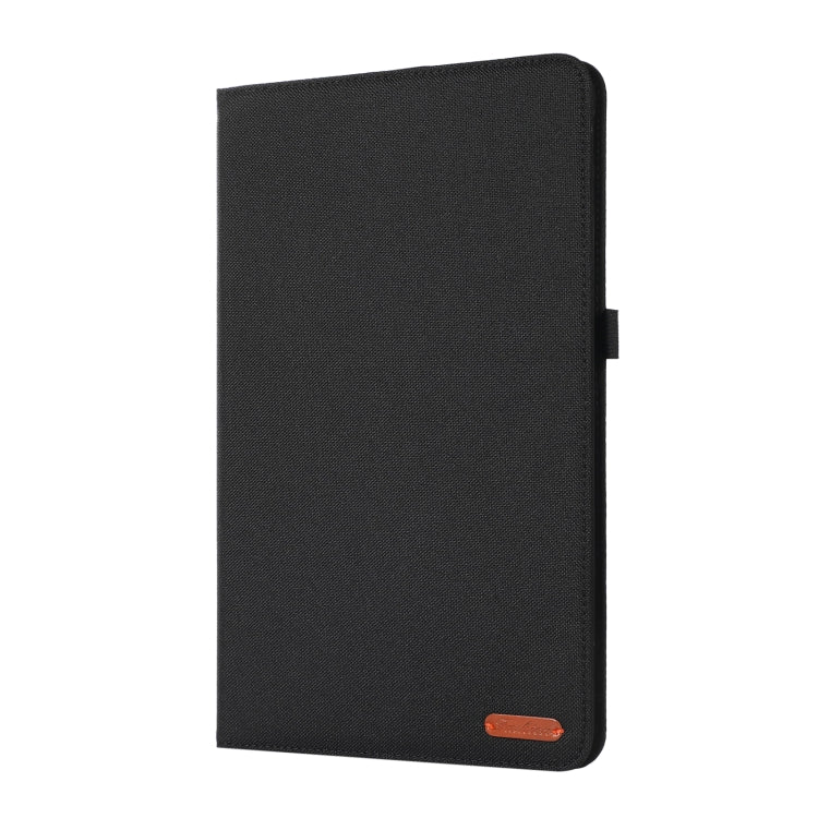 Black flip tablet case with textured outer back and side strap flap.