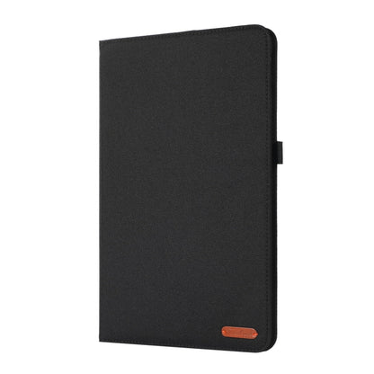 Black flip tablet case with textured outer back and side strap flap.