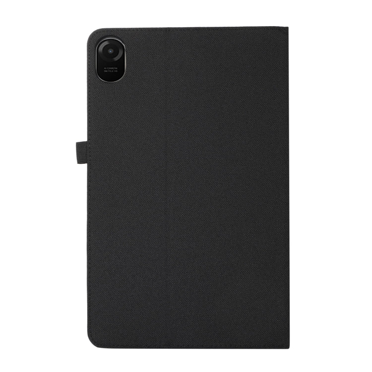 Black flip tablet case back with camera cutout and fold-over support flap.