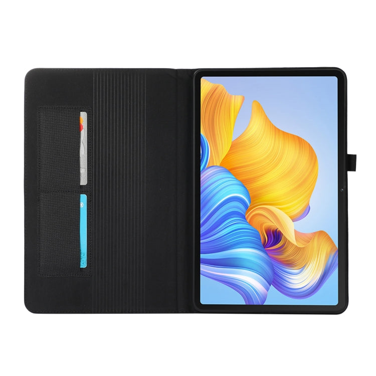 Black flip tablet case open with interior card slots and stand for viewing.