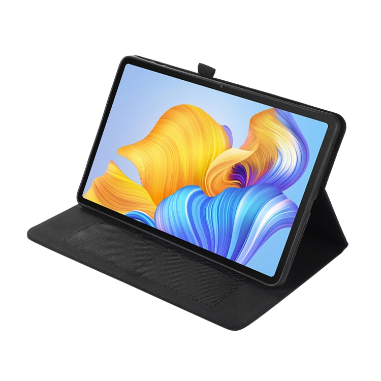 Black flip tablet case with front cover folded into a landscape stand.