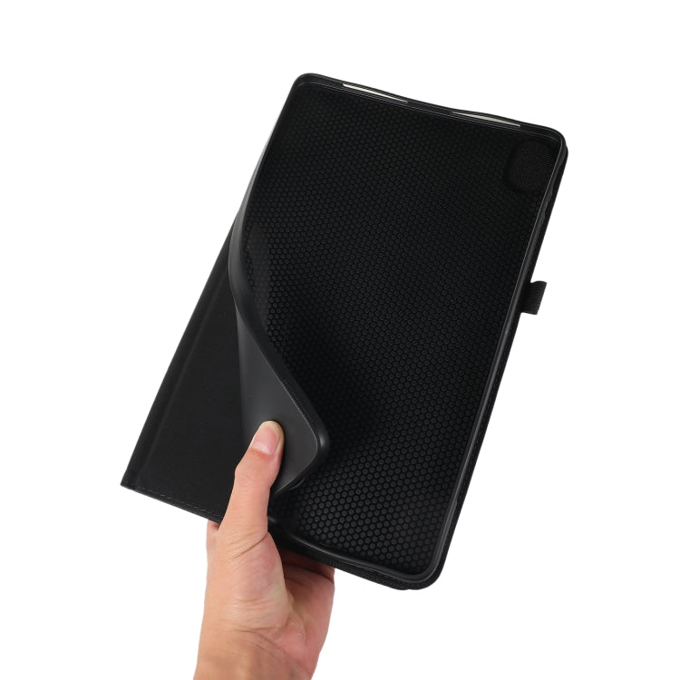 Black flip tablet case held in hand, showing textured back and side opening.