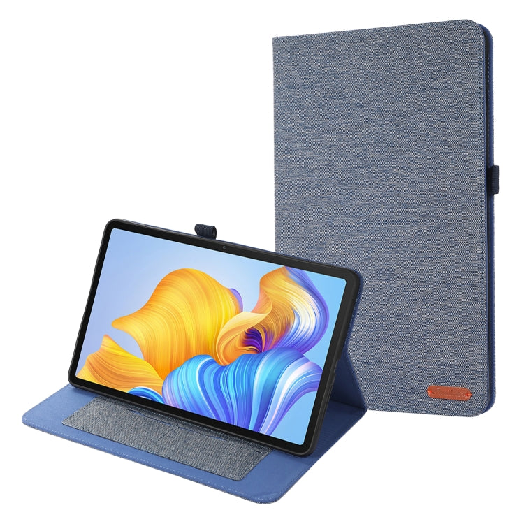 Blue fabric flip tablet case with front cover and built-in landscape stand.
