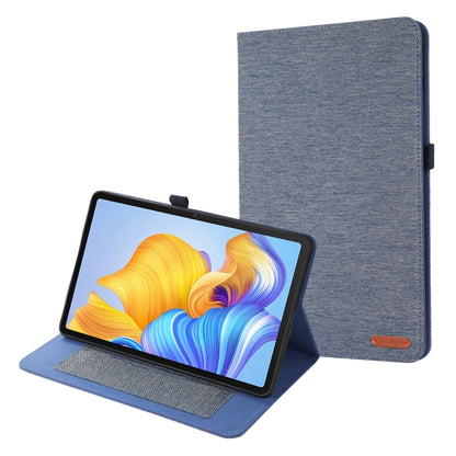 Blue fabric flip tablet case with front cover and built-in landscape stand.