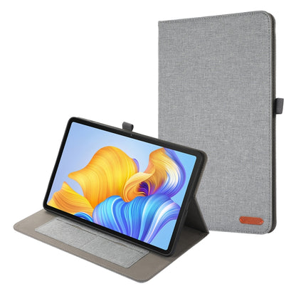 Grey fabric flip tablet case with front cover and textured landscape stand.