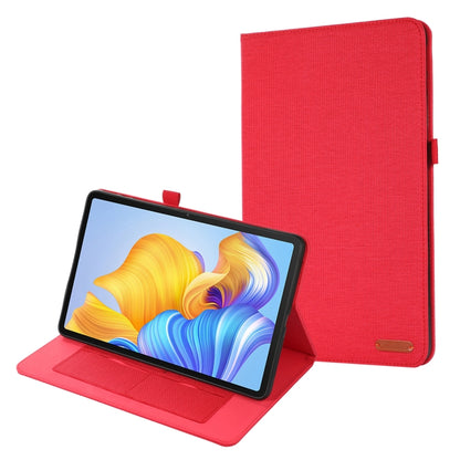 Red fabric flip tablet case with front cover folded into landscape viewing stand.