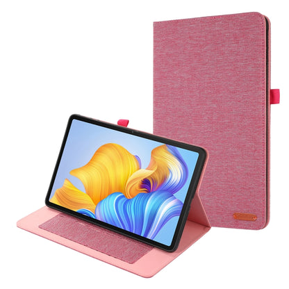 Rose red fabric flip tablet case with textured cover and landscape viewing stand.