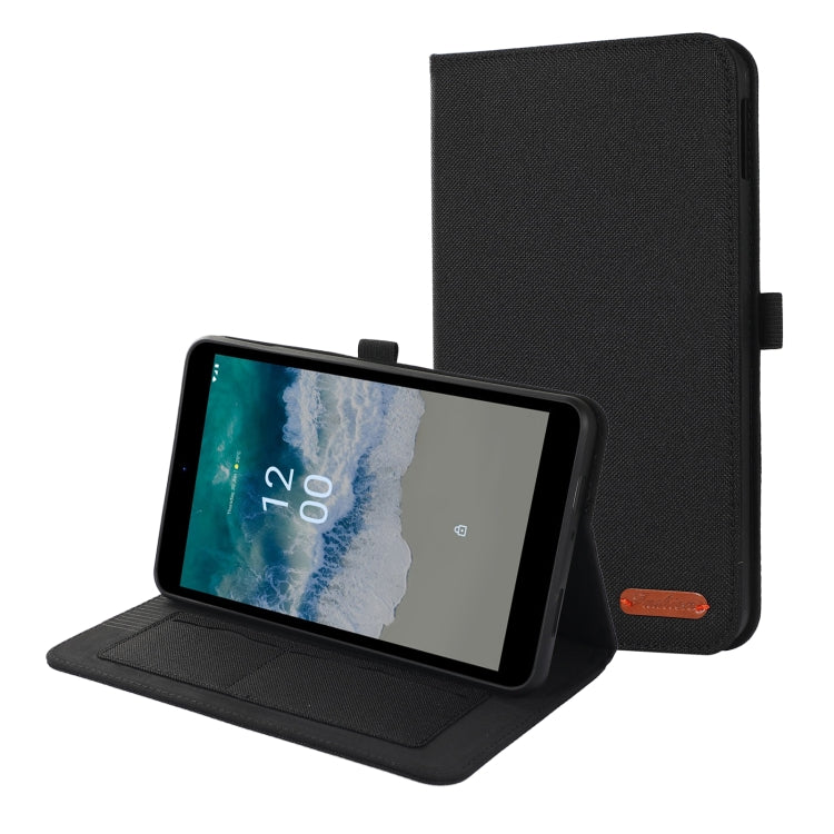 Black fabric flip tablet case with stand and card slot window