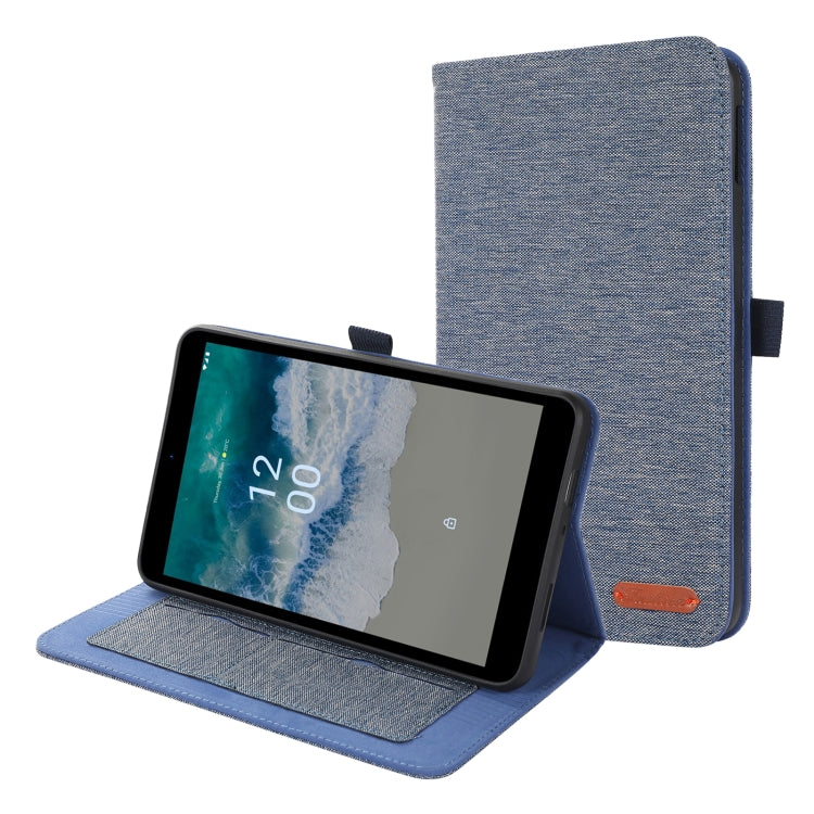Dark blue fabric flip tablet case with stand and card slot window
