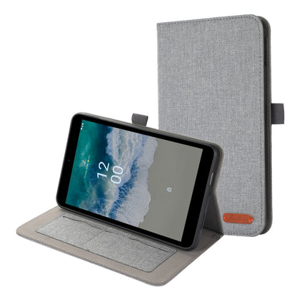 Grey fabric flip tablet case with stand and card slot window